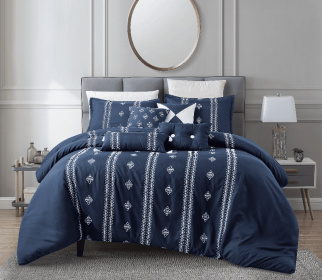 Belfast 7 Piece Bedding Comforter Set (Color: Blue, size: 92x92/Queen)