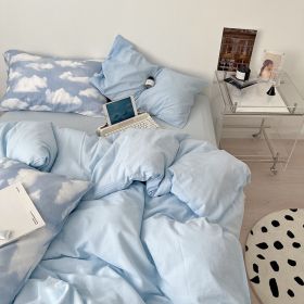 Simple Cloud Bed Sheet Quilt Cover All Cotton Washed Cotton Four-piece Set (Option: Cloud Qingcheng Blue-180CM Fitted Sheet 220X240cm)