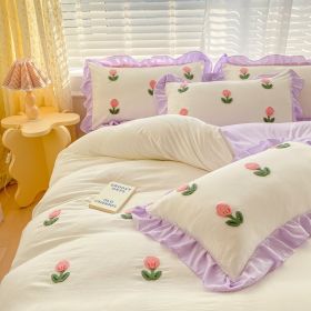 Princess Style Towel Embroidered Washed Cotton Four Piece Set (Option: White powder-2.0m Flat Sheetfour piece set)